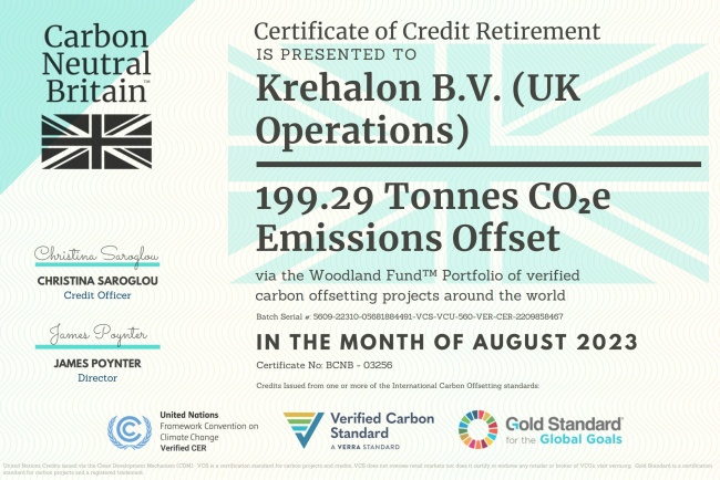 Krehalon UK offsets 199.29 tons of CO2 emissions